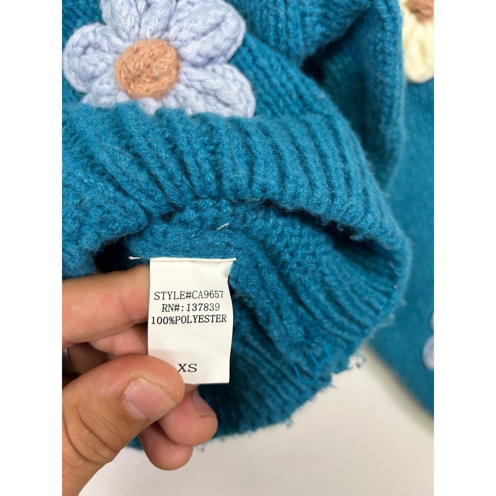 Cottagecore Debut Women XS Teal Blue 3D Floral Crochet Chunky Cropped Cardigan - Picture 6 of 9